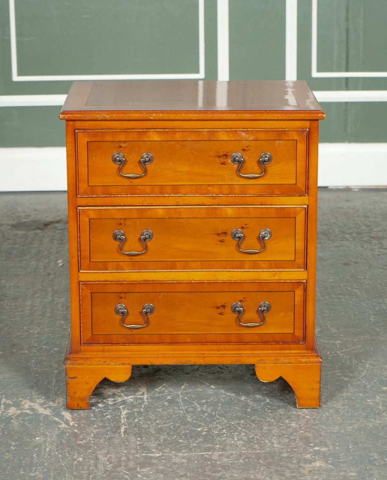 Vintage Yew Wood Style Chest of Drawers Brass Handles For Sale