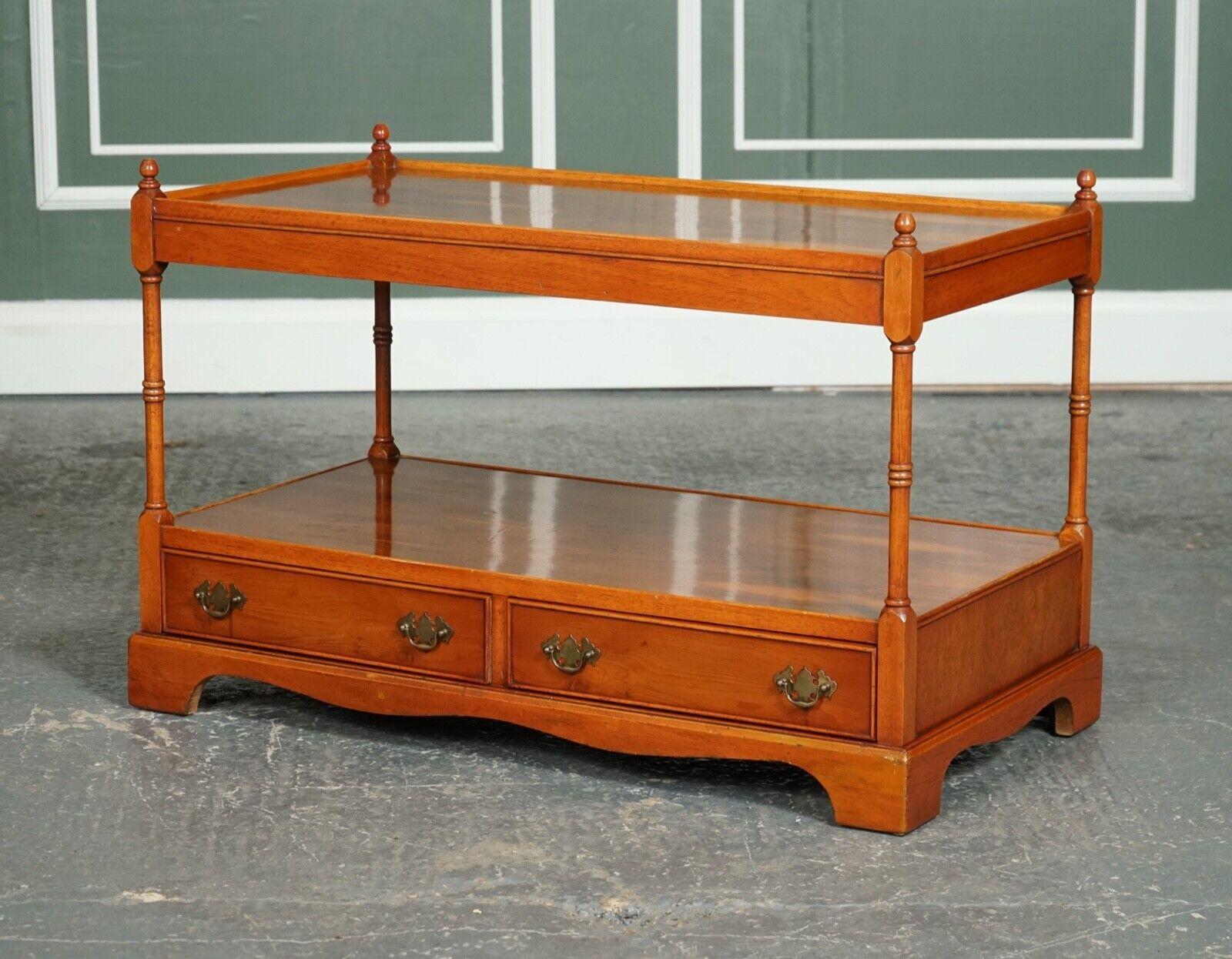 British Vintage Yew Wood Georgian Style Coffee Table TV Stand with Two Drawers For Sale