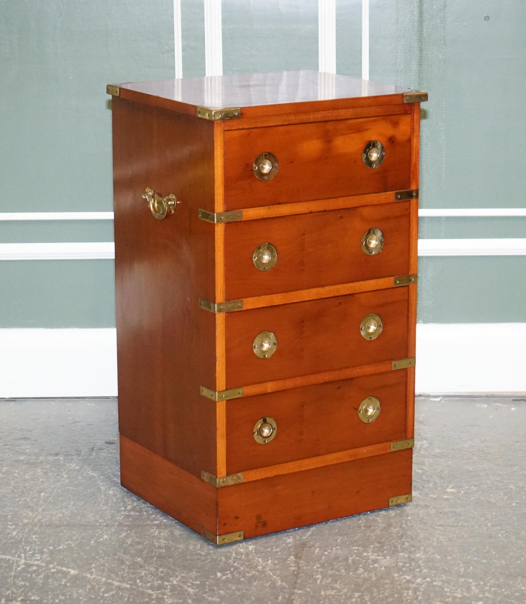 We are excited to present this vintage yew wood military campaign chest of drawers.

Beautiful chest of drawers with all the original brass fittings.
It's made from yew wood which always looks stunning after a good polish.
It has four drawers