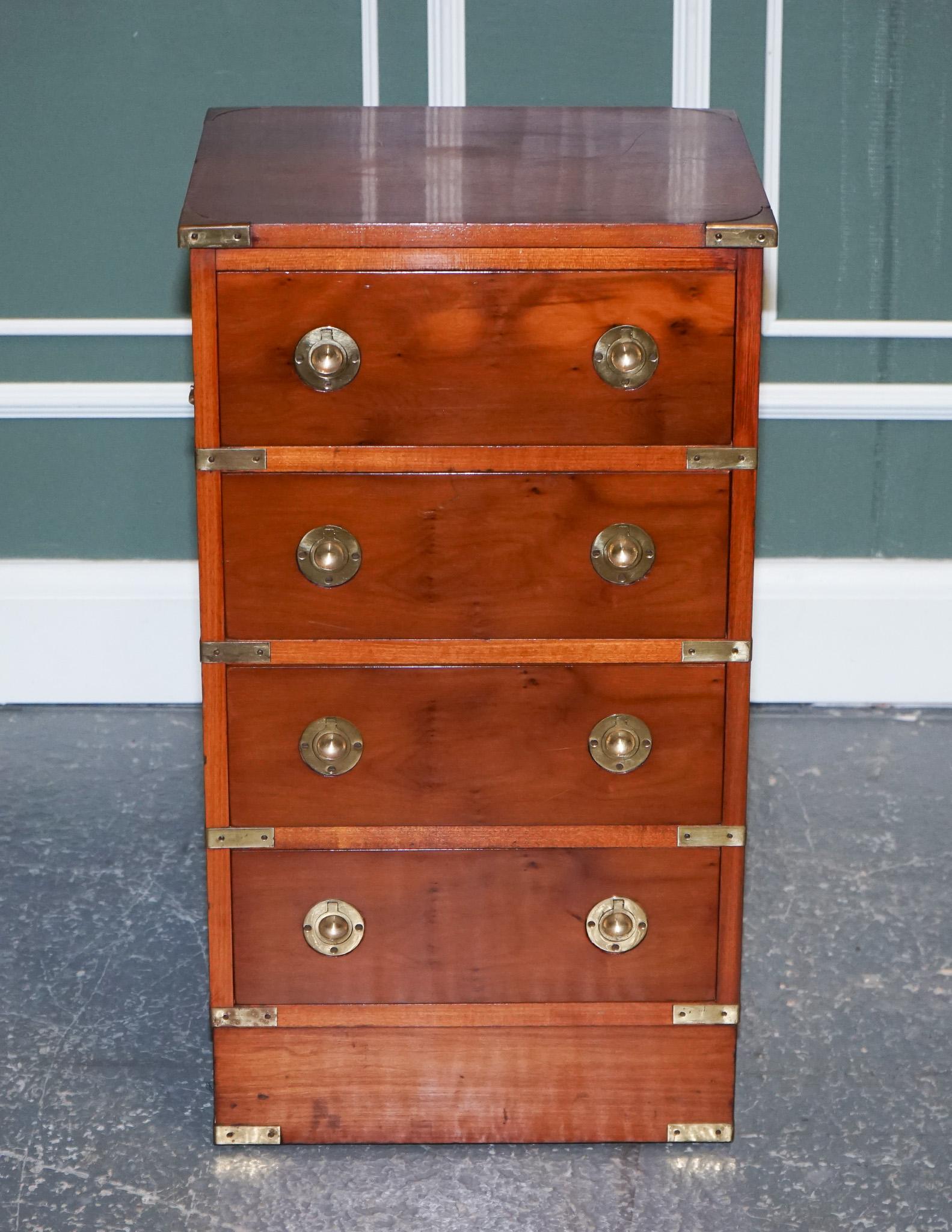 Hand-Crafted Vintage Yew Wood Military Campaign Chest of Drawers with 4 Drawers Brass Fitting