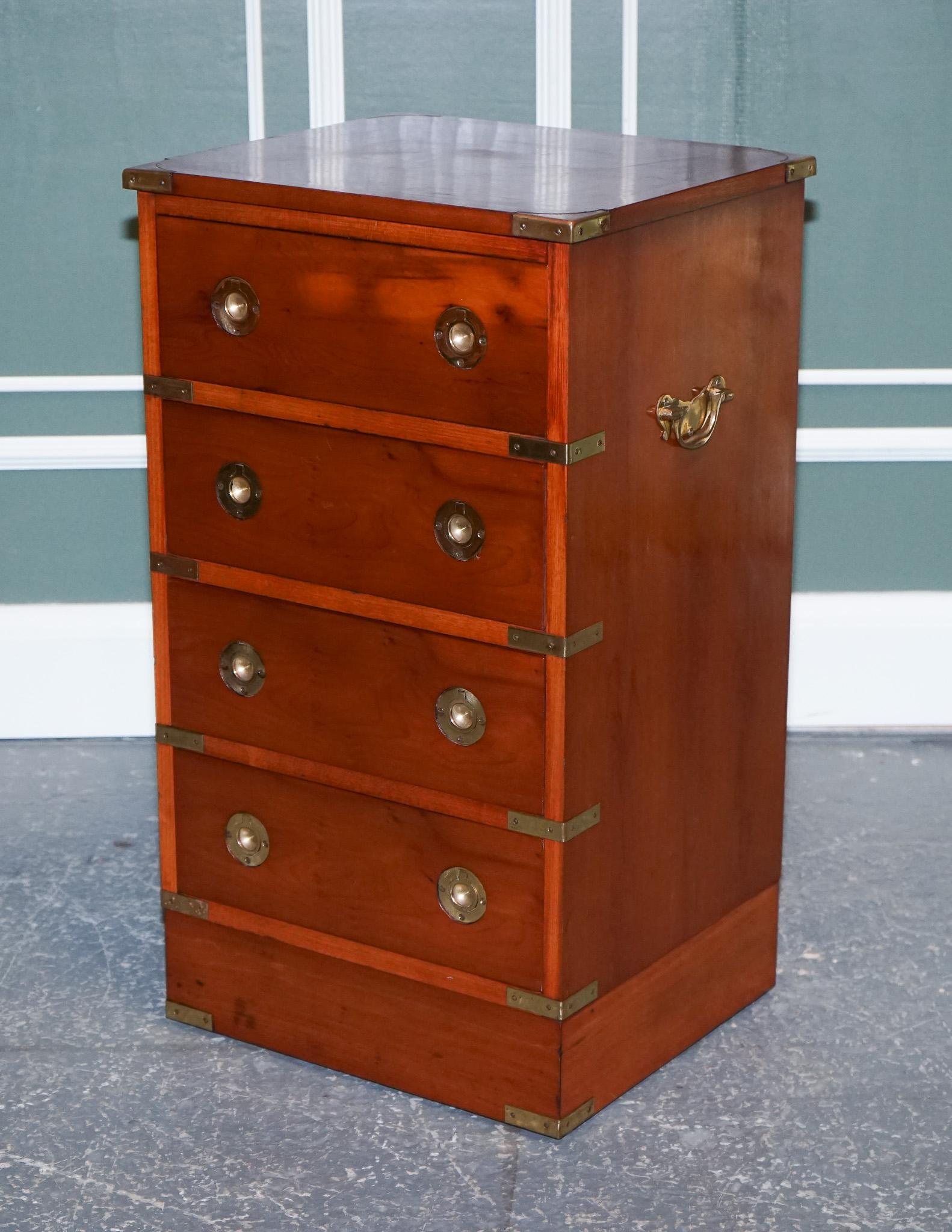 Vintage Yew Wood Military Campaign Chest of Drawers with 4 Drawers Brass Fitting In Good Condition In Pulborough, GB