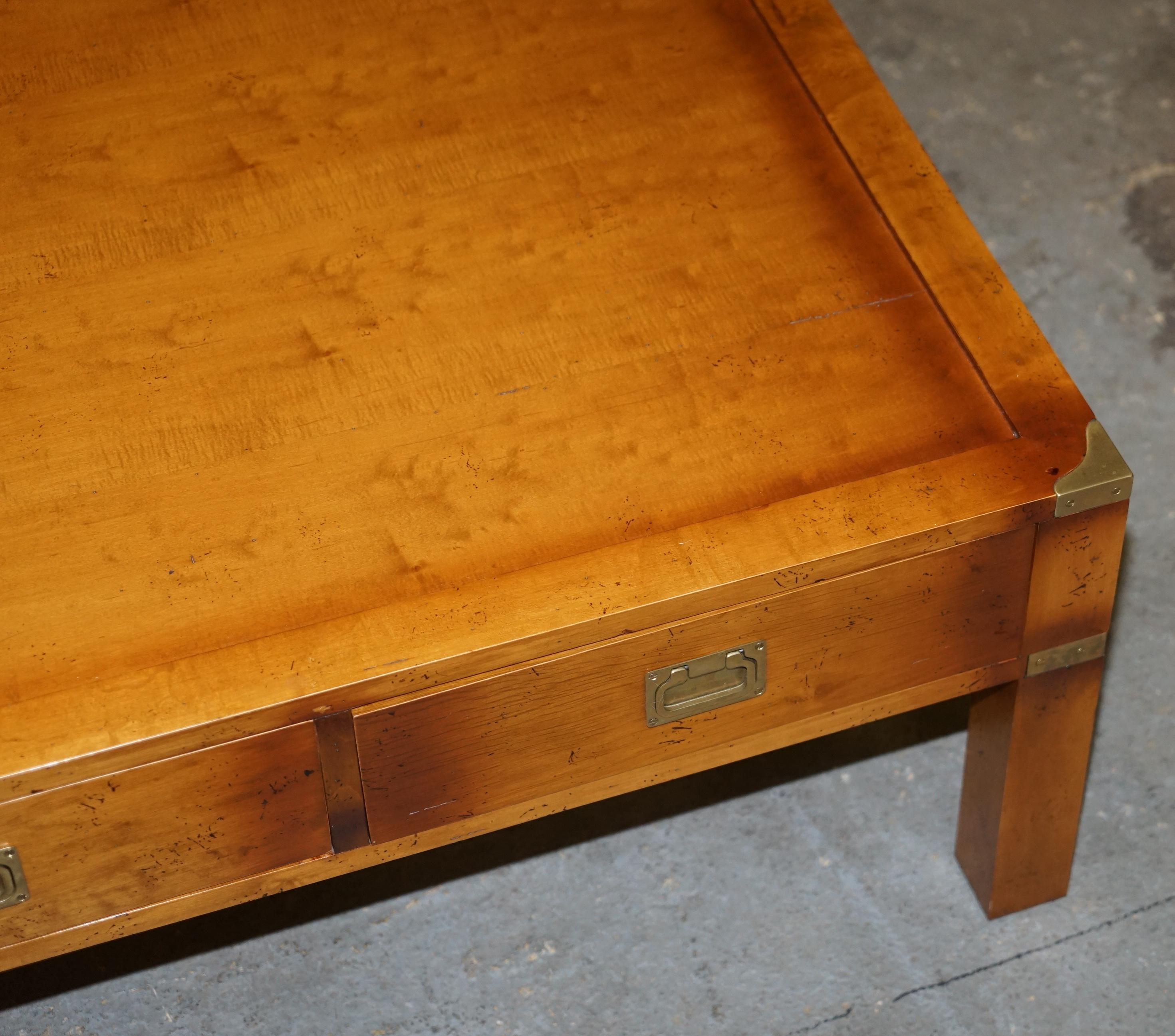 English Vintage Yew Wood Military Campaign Coffee Table Double Sided Four Drawers