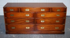 VINTAGE YEW WOOD MILITARY CAMPAIGN SIDEBOARD BANK OF DRAWERS WiTH BRASS HANDLES