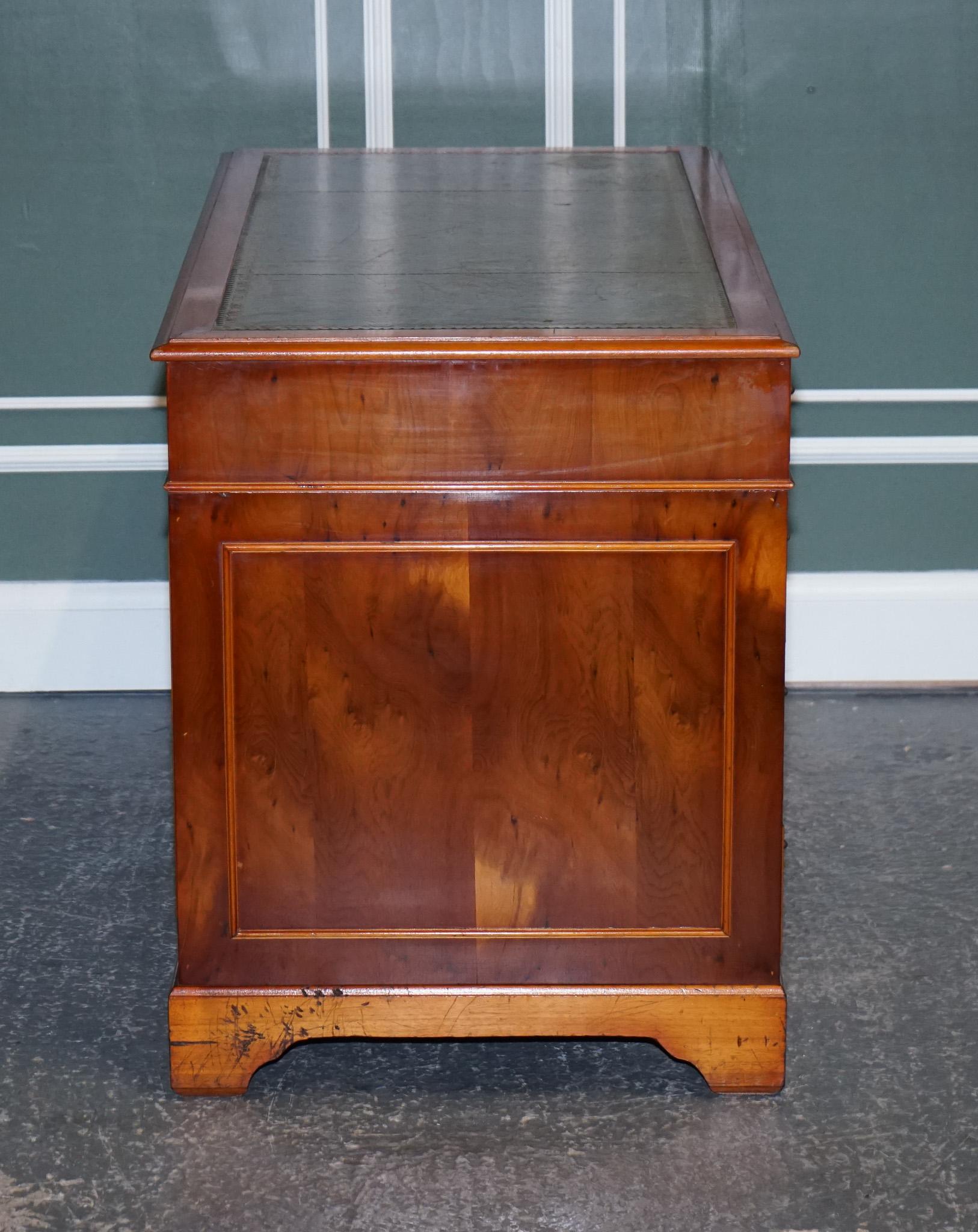 Vintage Yew Wood Twin Pedestal Desk with Green Leather Inlaid Top 3