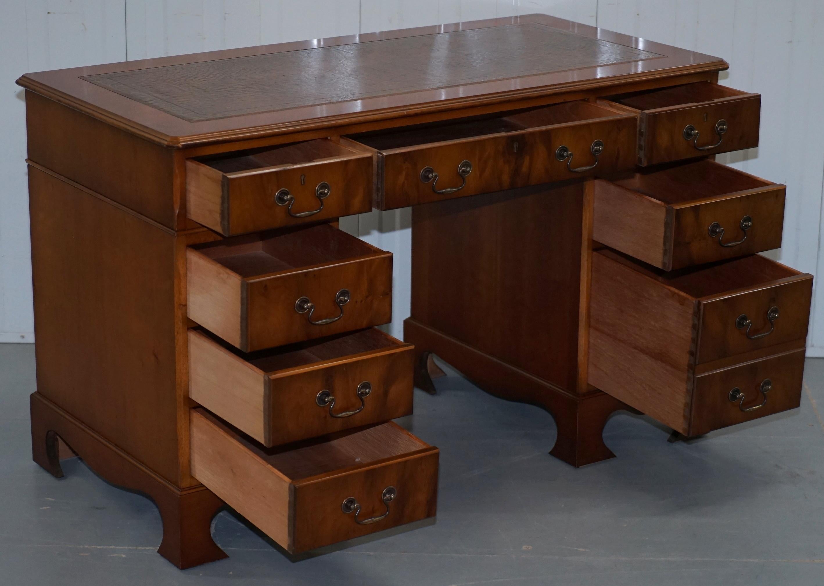 Vintage Yew Wood Twin Pedestal Partner Desk Brown Leather Gold Leaf Embossed Top 11