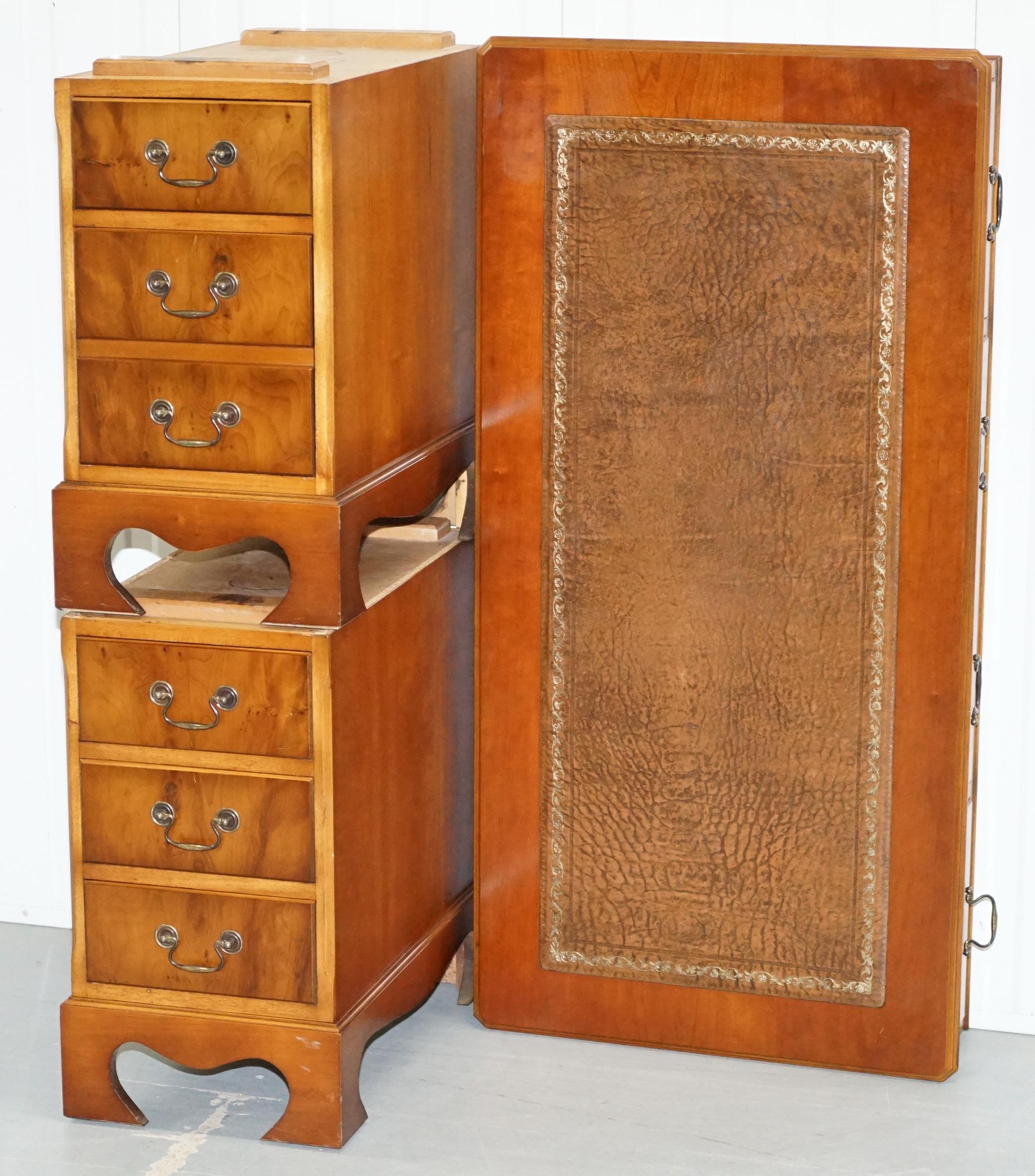 Vintage Yew Wood Twin Pedestal Partner Desk Brown Leather Gold Leaf Embossed Top 15