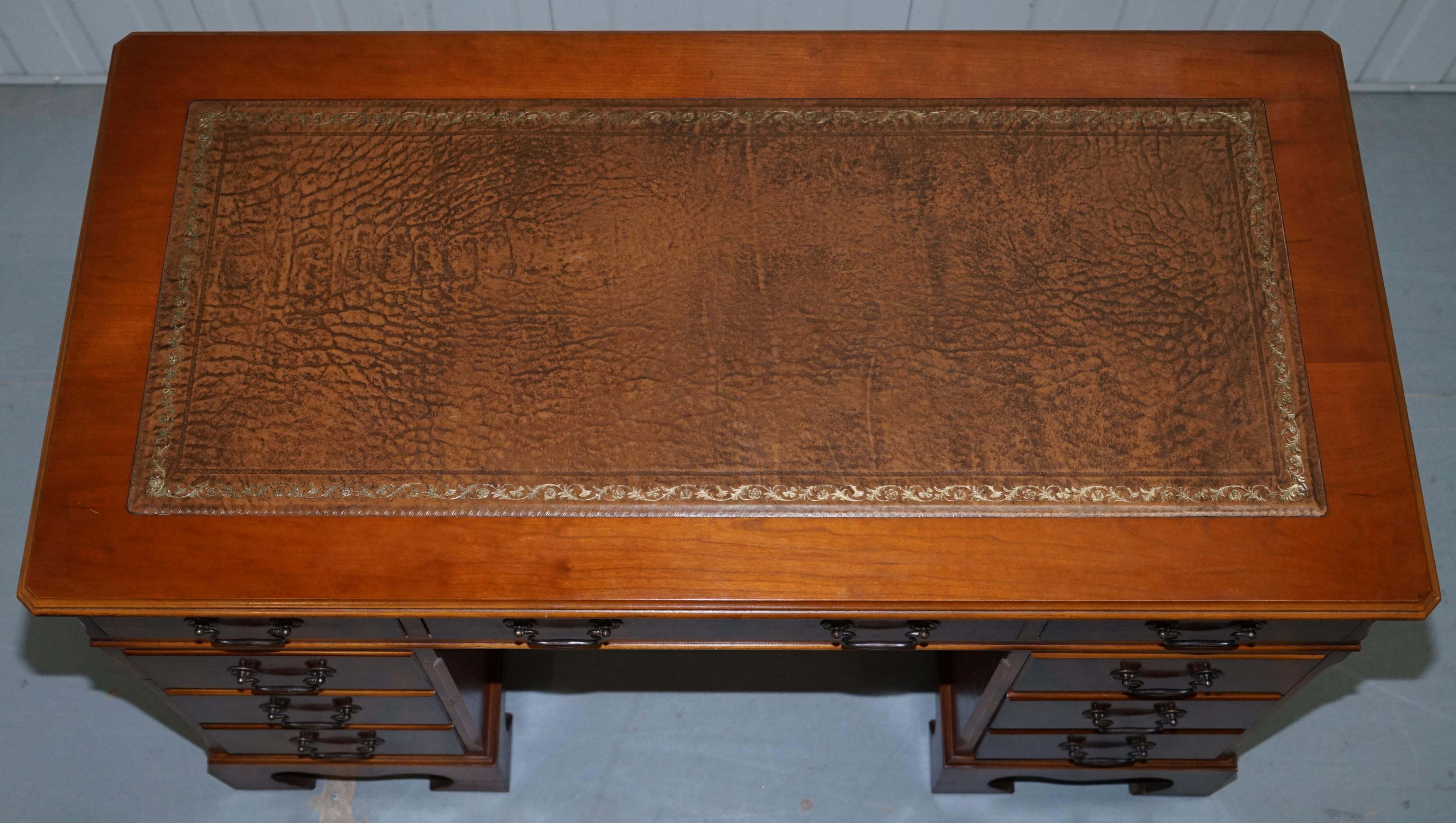 English Vintage Yew Wood Twin Pedestal Partner Desk Brown Leather Gold Leaf Embossed Top