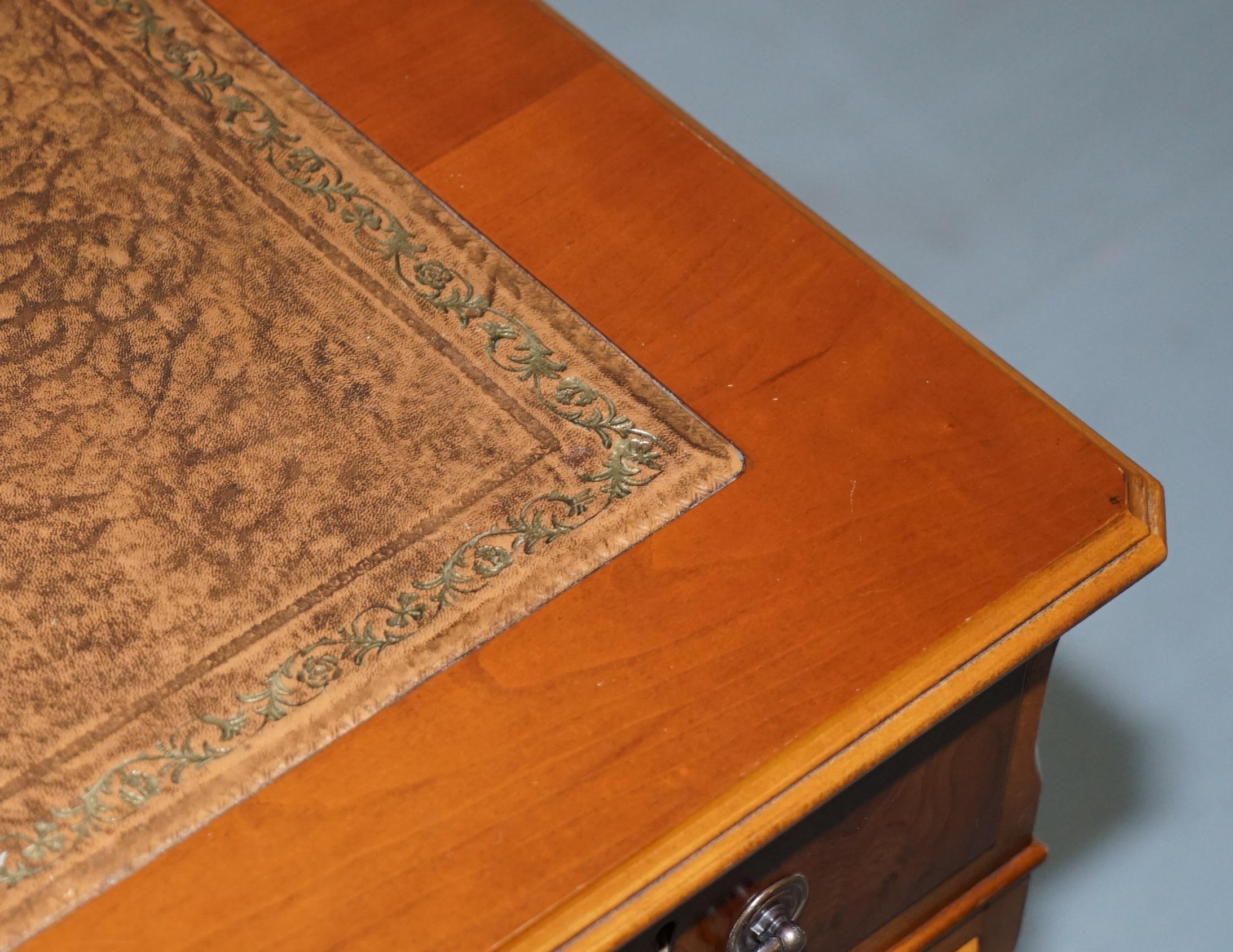 Vintage Yew Wood Twin Pedestal Partner Desk Brown Leather Gold Leaf Embossed Top 1