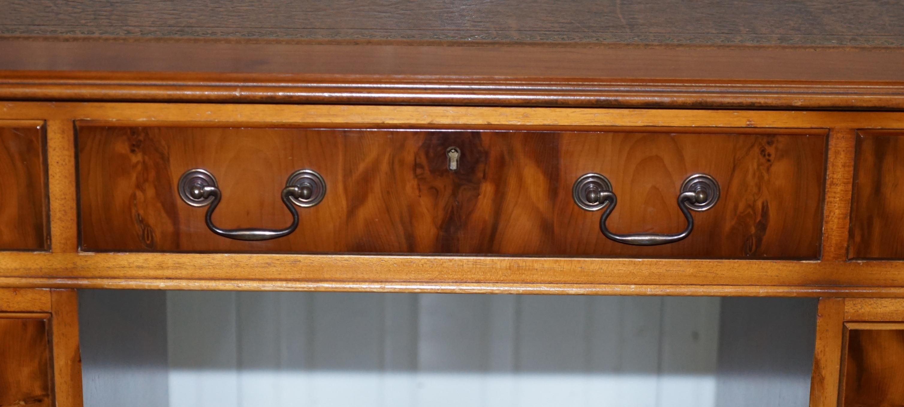 Vintage Yew Wood Twin Pedestal Partner Desk Brown Leather Gold Leaf Embossed Top 4