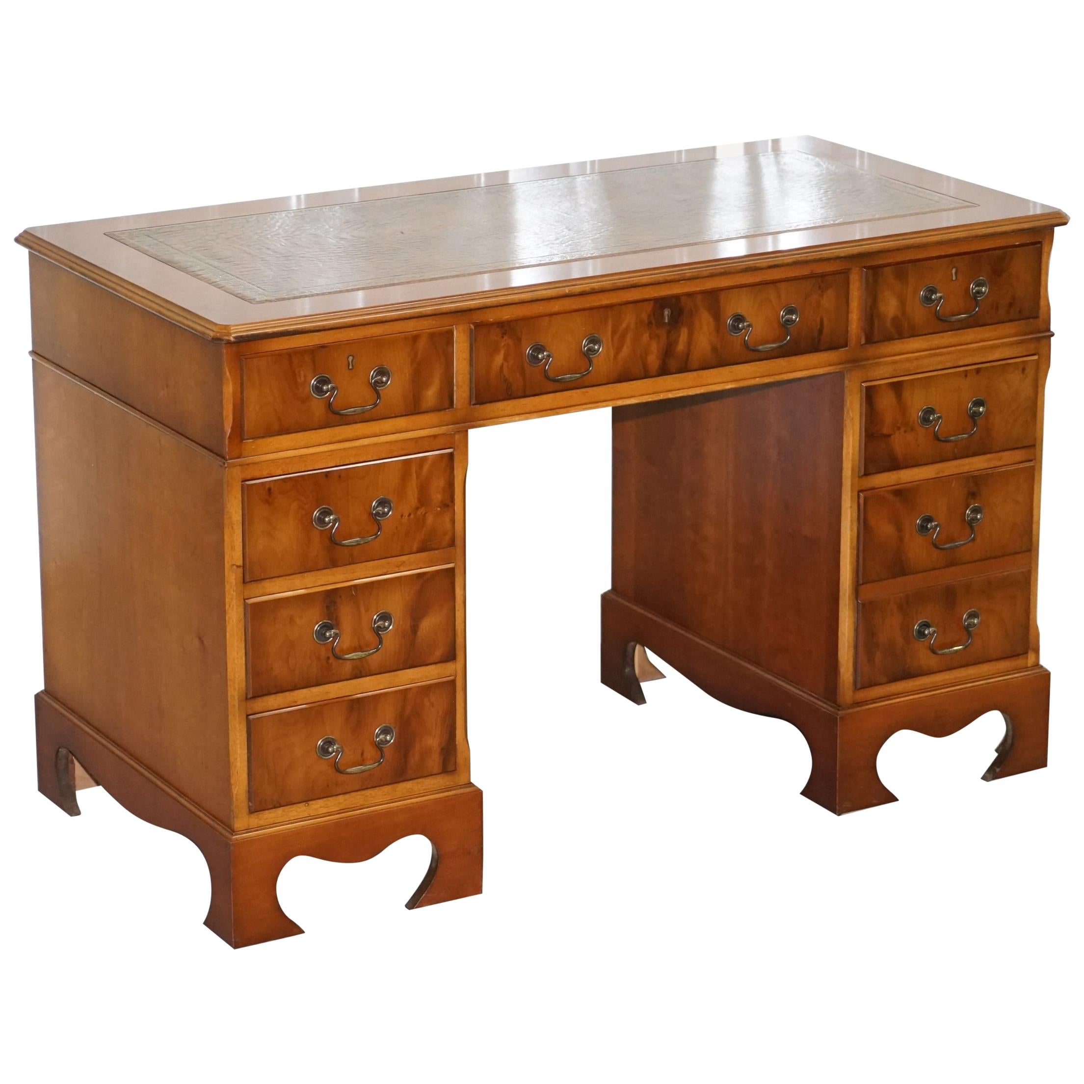 Vintage Yew Wood Twin Pedestal Partner Desk Brown Leather Gold Leaf Embossed Top