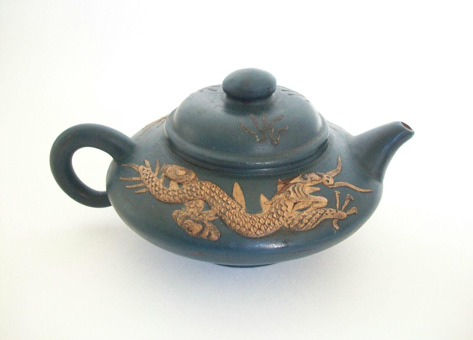 Vintage Yixing Zisha Teapot - Fine Carving/Glaze, Signed, China, 20th Century For Sale 5