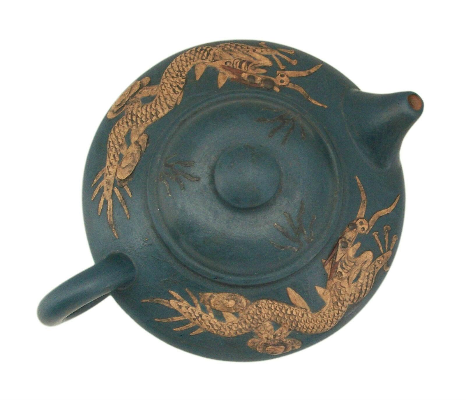 Chinese Vintage Yixing Zisha Teapot - Fine Carving/Glaze, Signed, China, 20th Century For Sale