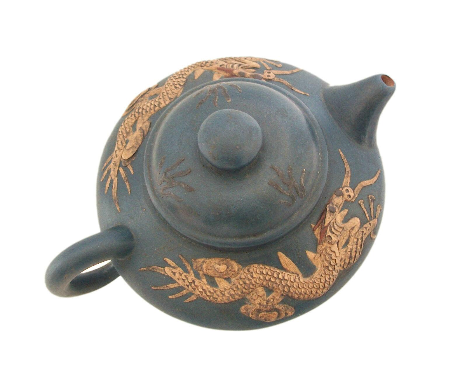 Glazed Vintage Yixing Zisha Teapot - Fine Carving/Glaze, Signed, China, 20th Century For Sale