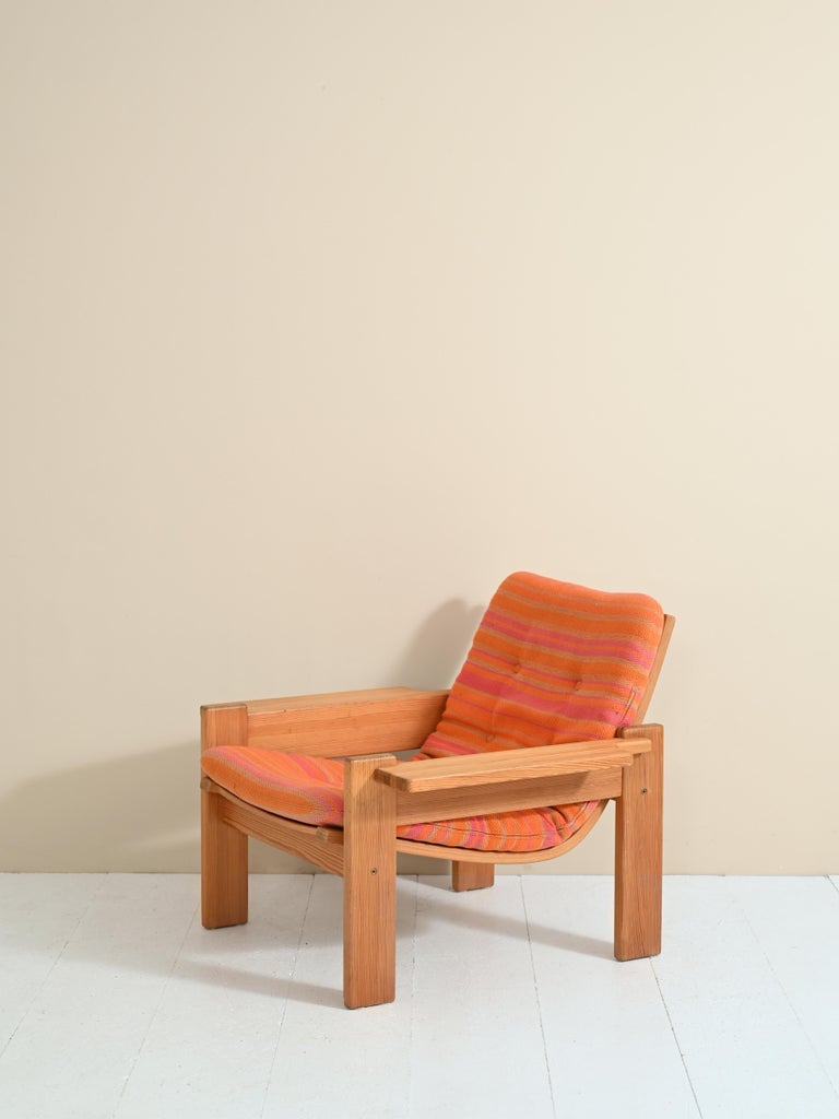 Vintage armchair designed by Yngve Ekstom for Swedese in the 1970s.
The frame is made of light pine wood and the seat is made of fabric. The cushions are vintage originals and are
removable covers.

Good condition. May show some signs of aging.