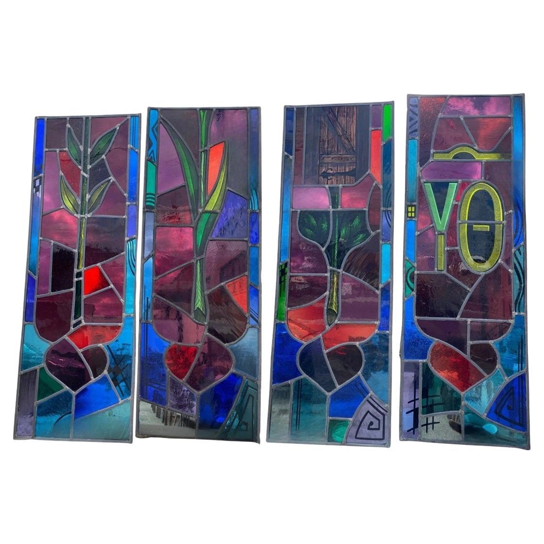 Vintage "Yo" 
Door Art Deco Blue 
Red Leaded Stained Glass Window 43x15 - 4 Pc