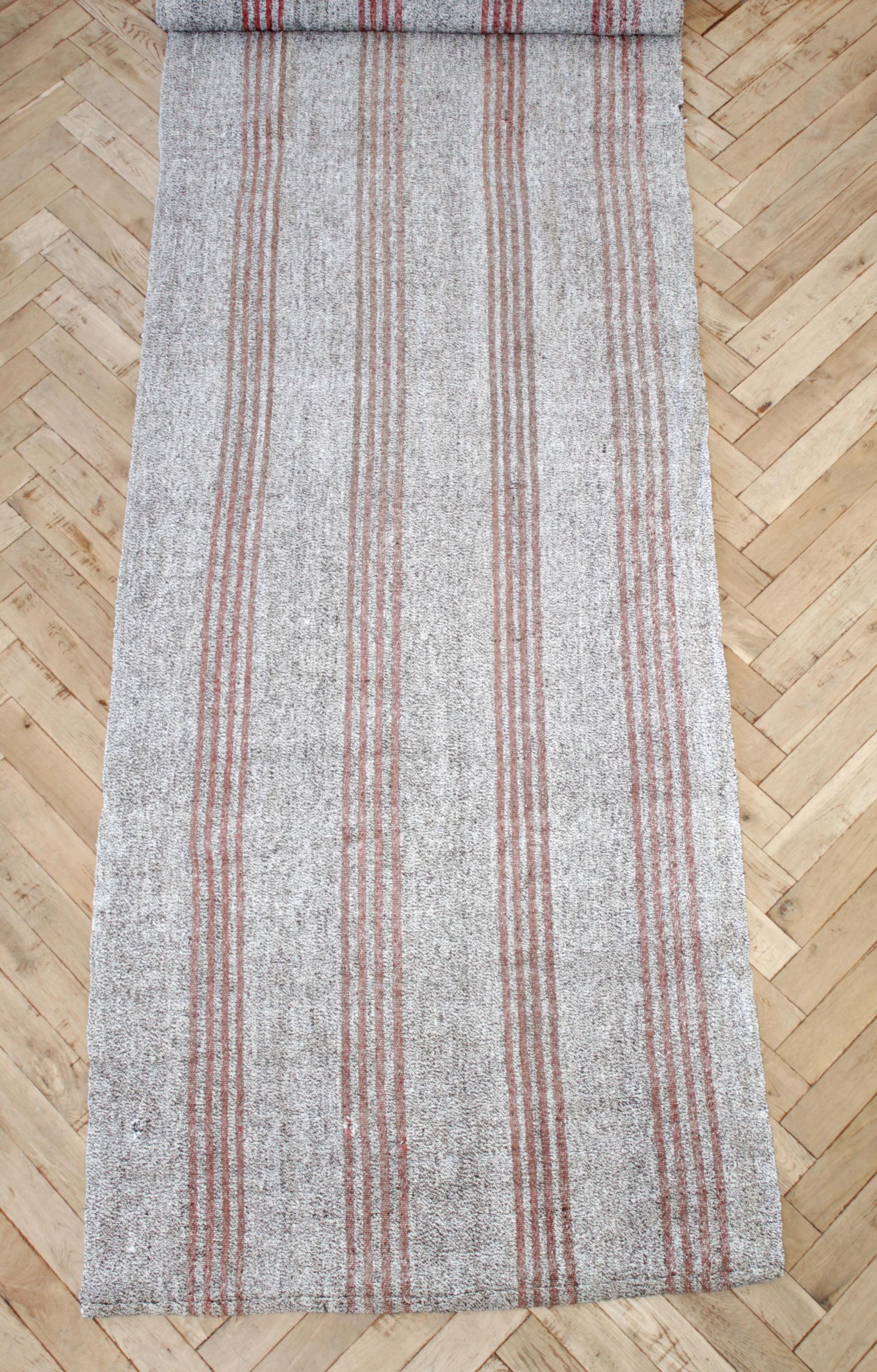 20th Century Vintage York Flat-Weave Turkish Rug in Gray Cream and Light Coral Stripes For Sale