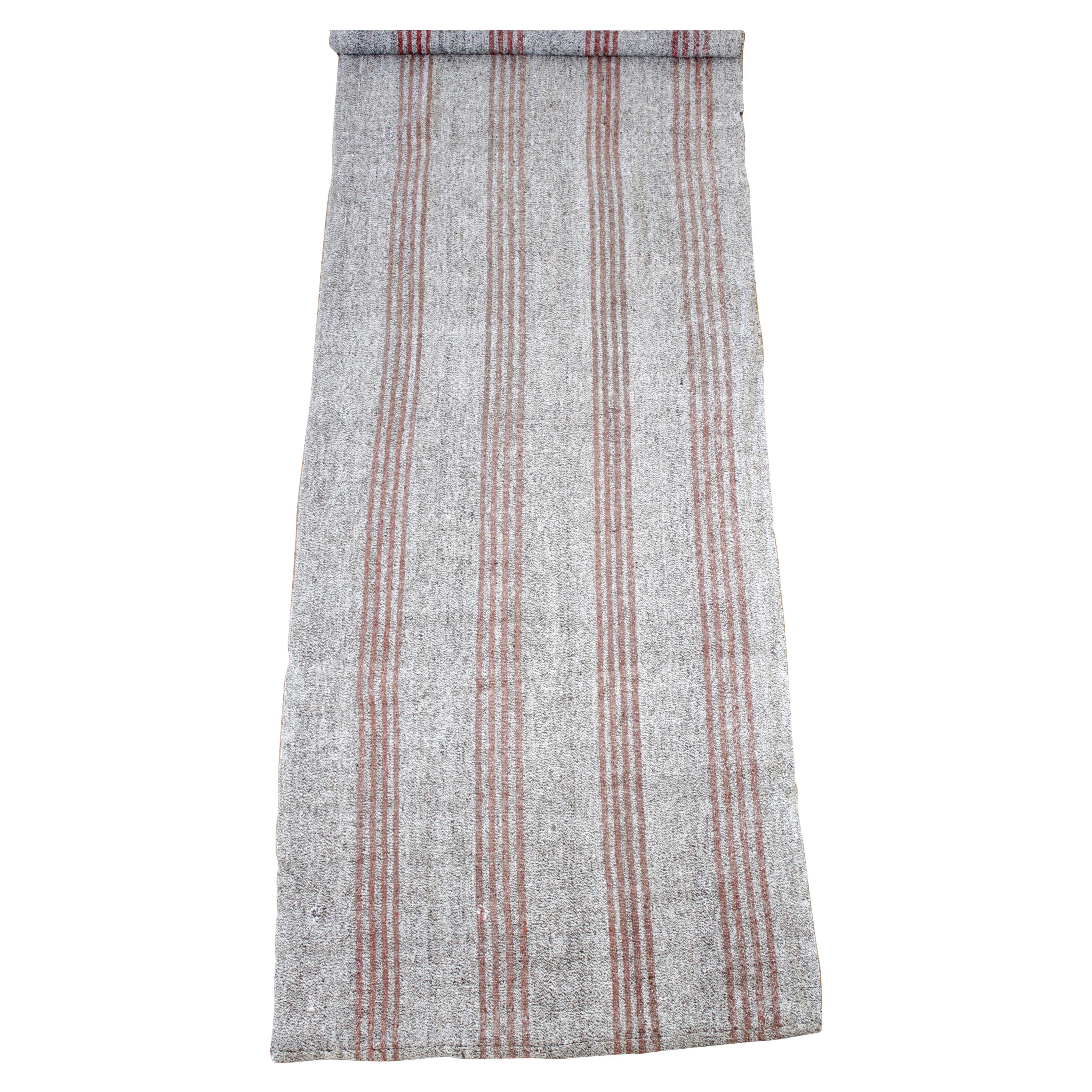 Vintage York Flat-Weave Turkish Rug in Gray Cream and Light Coral Stripes For Sale