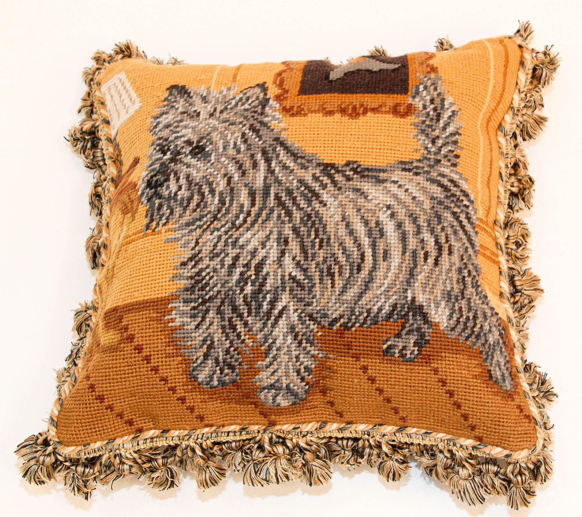 Vintage Needlepoint Throw Pillow with this gorgeous Yorkshire or Westie Terrier Dog Design.
100% Handmade Decorative Throw Needlepoint Pillow, French Aubusson style design, Chic Shabby country style, beautiful for any cottage decor.
Westie Dog