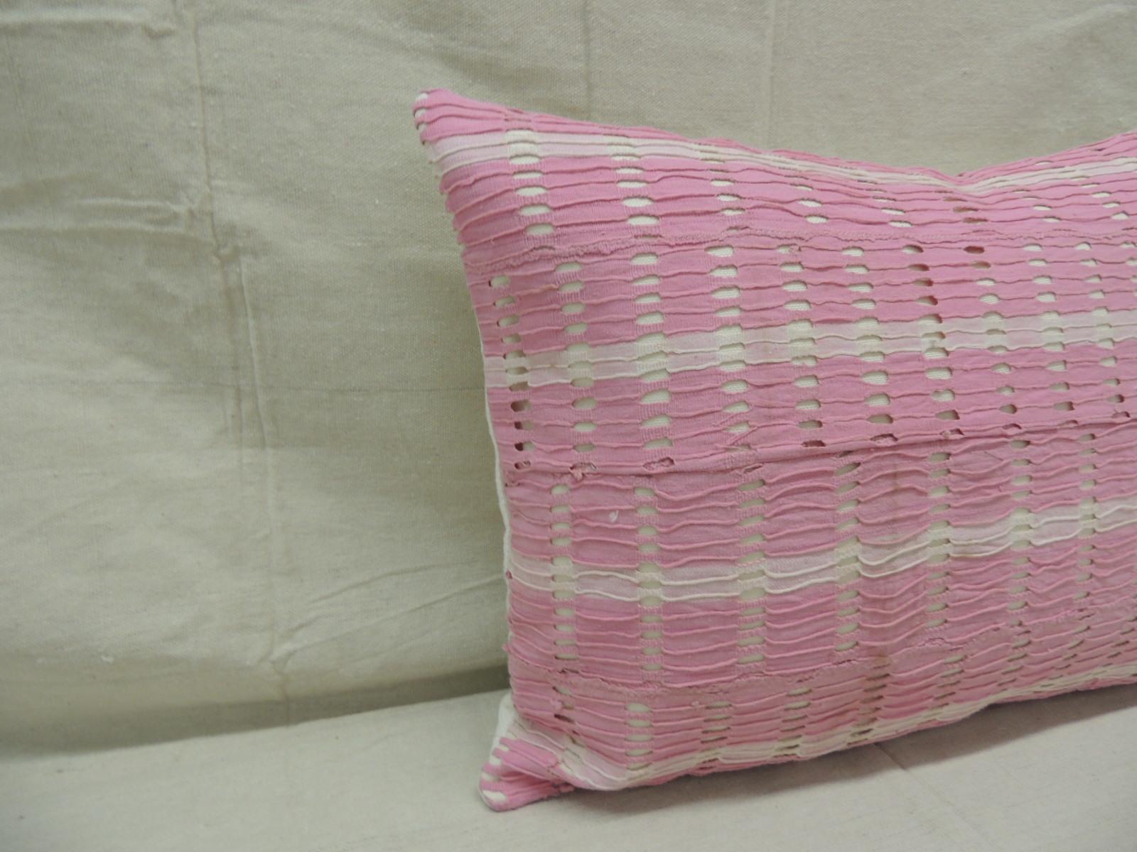 Vintage Yoruba lace weave hot pink African bolster decorative pillow
with heavy woven white linen backing.
Decorative pillow handcrafted and designed in the USA.
Closure by stitch (no zipper closure) with custom made pillow insert.
Size: 15