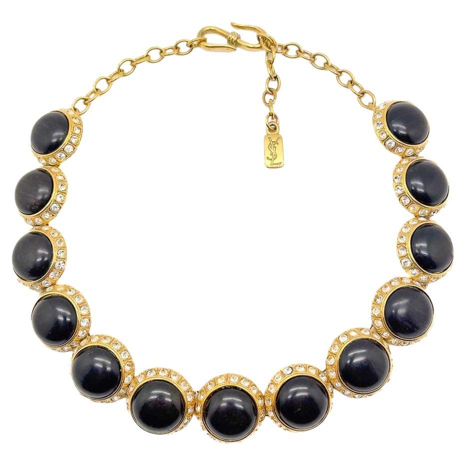 Vintage YSL Black Cabochon & Crystal Rivière Necklace 1980s