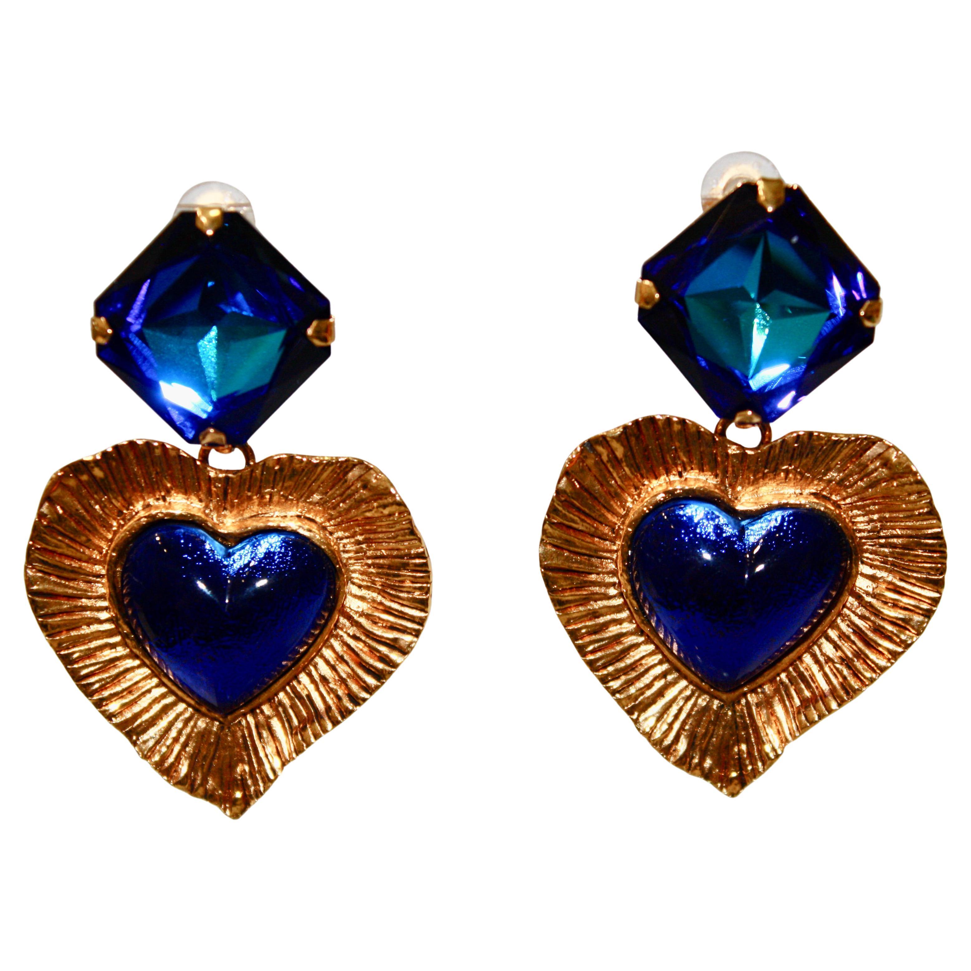 Vintage YSL Blue Heart Earrings Circa 1980s
