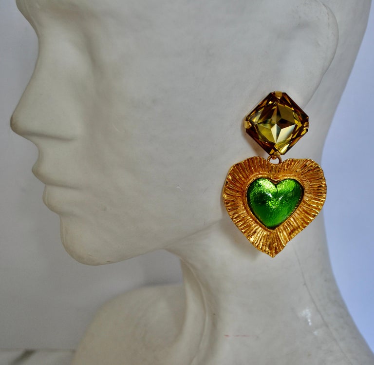 Women's or Men's Vintage YSL  Chartreuse Heart Earrings Circa 1980 For Sale