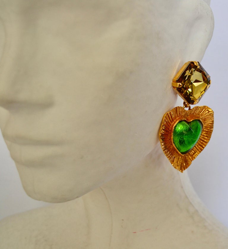 Vintage YSL  Chartreuse Heart Earrings Circa 1980 For Sale 1