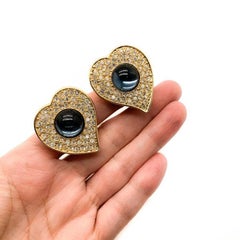 Vintage Ysl Crystal Blue Cabochon Heart Earrings 1980s