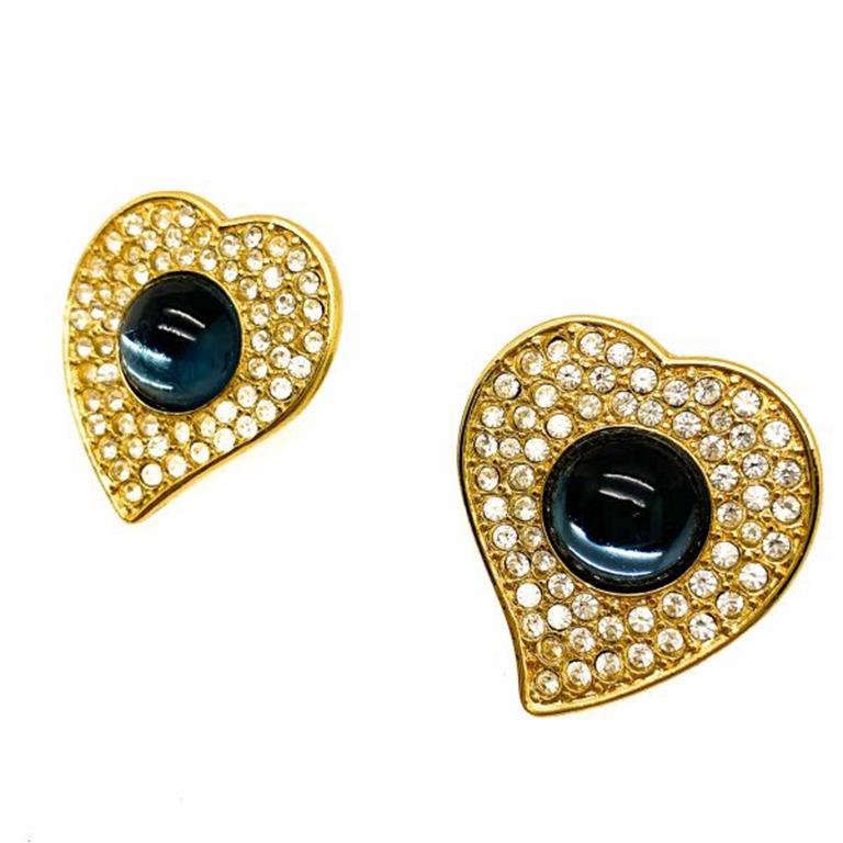 Vintage Ysl Crystal Blue Cabochon Heart Earrings 1980s In Good Condition In Wilmslow, GB