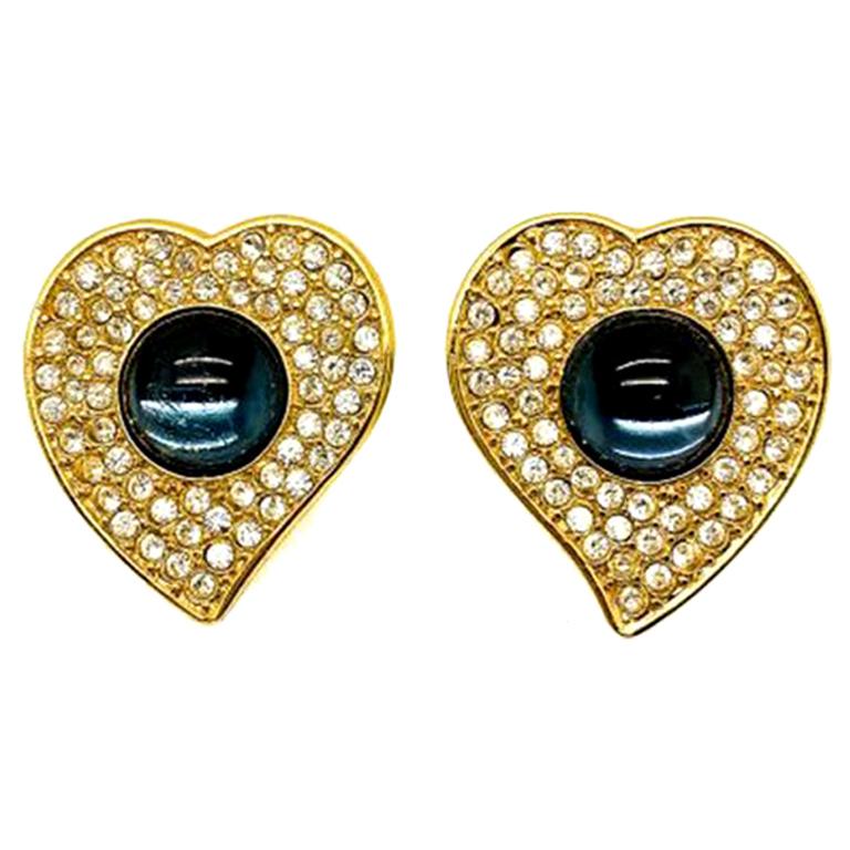 Vintage Ysl Crystal Blue Cabochon Heart Earrings 1980s