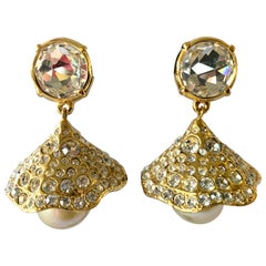 Vintage YSL Gilt Diamante Pearl Flower Statement Earrings 