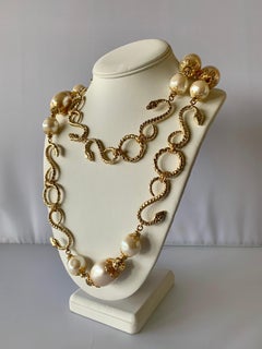 Vintage YSL Gilt Snake, Diamante, and Pearl Sautoir Necklace