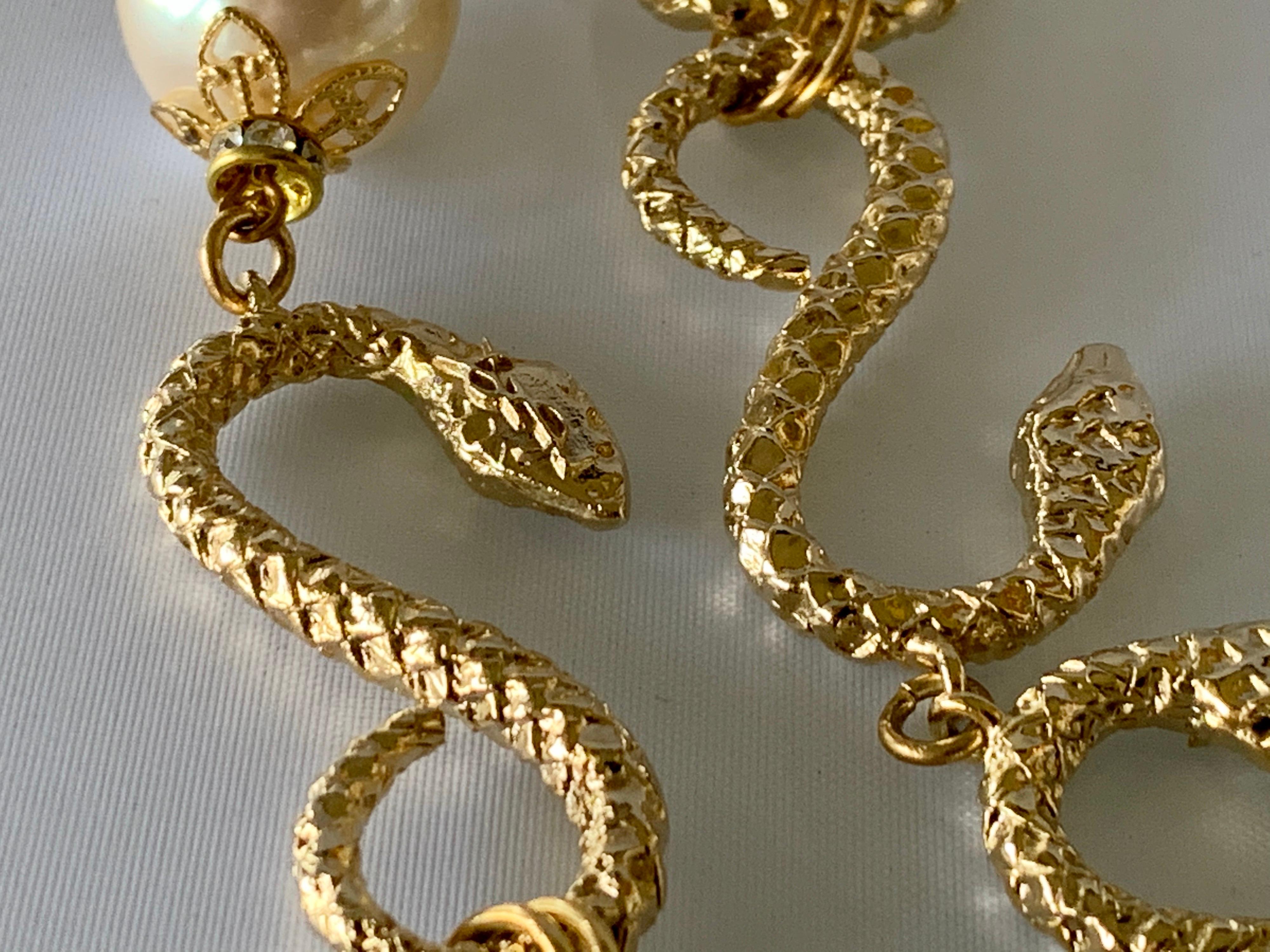 Baroque Vintage YSL Gilt Snake, Diamante, and Pearl Sautoir Necklace
