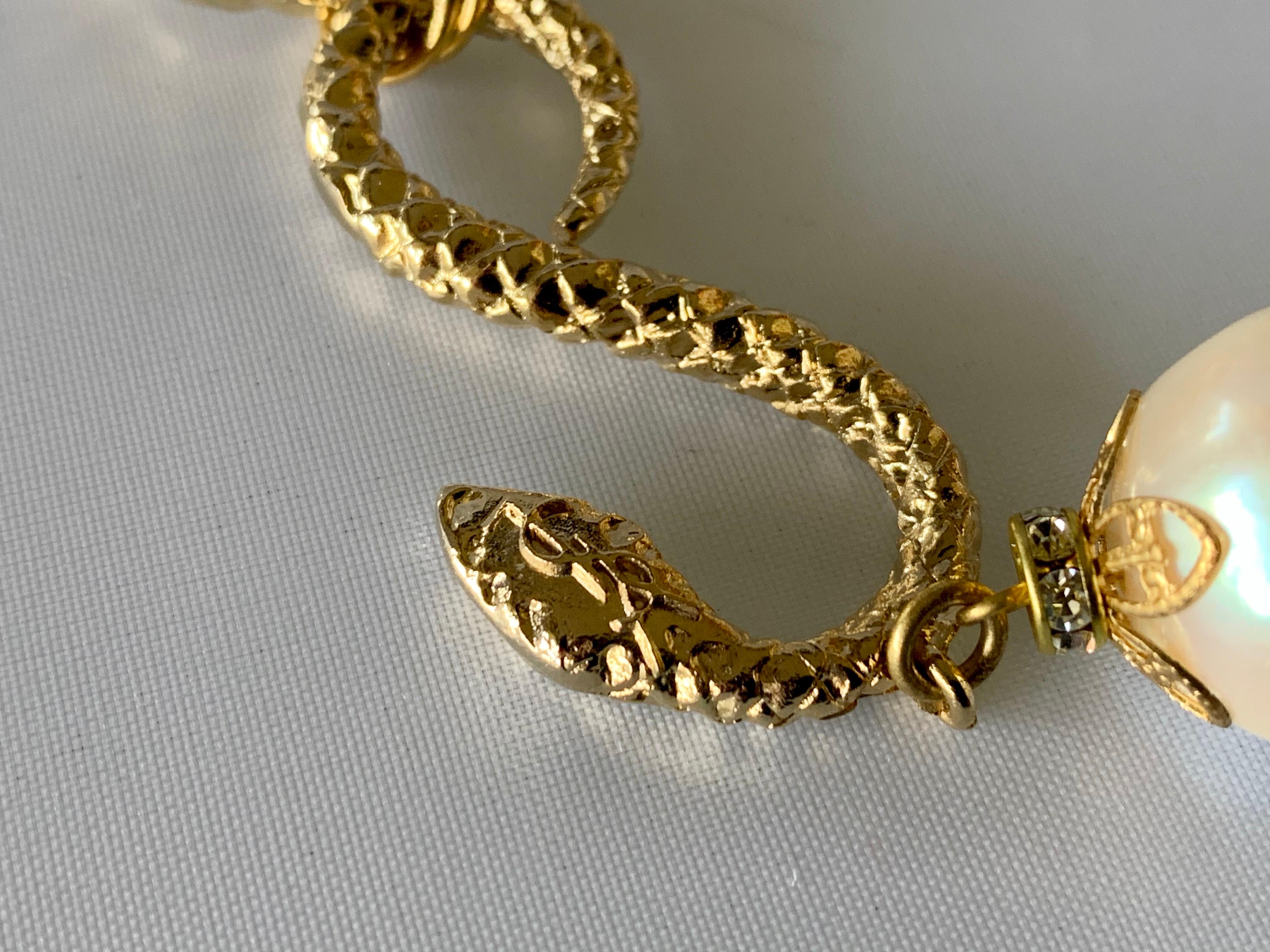 Bead Vintage YSL Gilt Snake, Diamante, and Pearl Sautoir Necklace