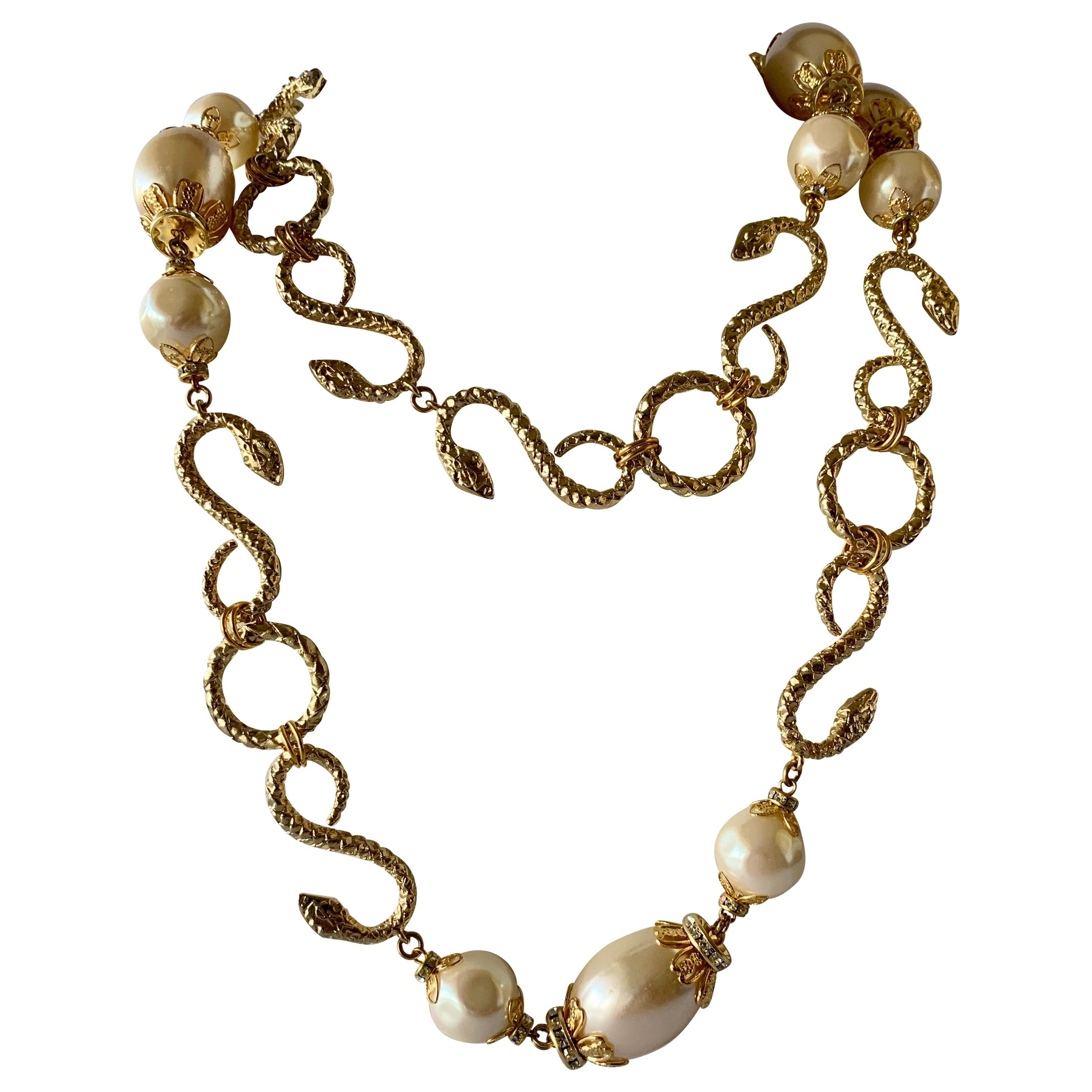 Vintage YSL Gilt Snake, Diamante, and Pearl Sautoir Necklace
