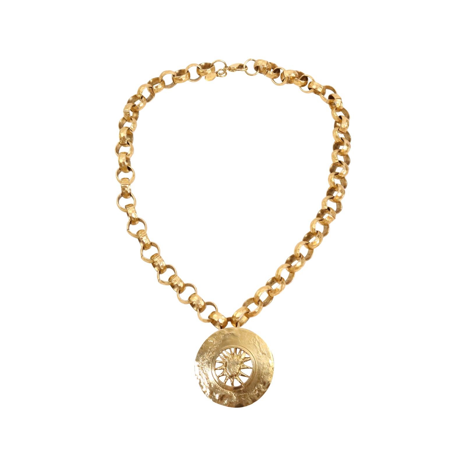 Vintage YSL  Gold Tone Sun Brooch/Pendant on Rollo Chain Circa 1980s 2