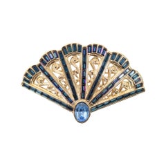Vintage YSL Gold Tone with Blue Sapphire Crystals Fan Brooch Circa 1990s