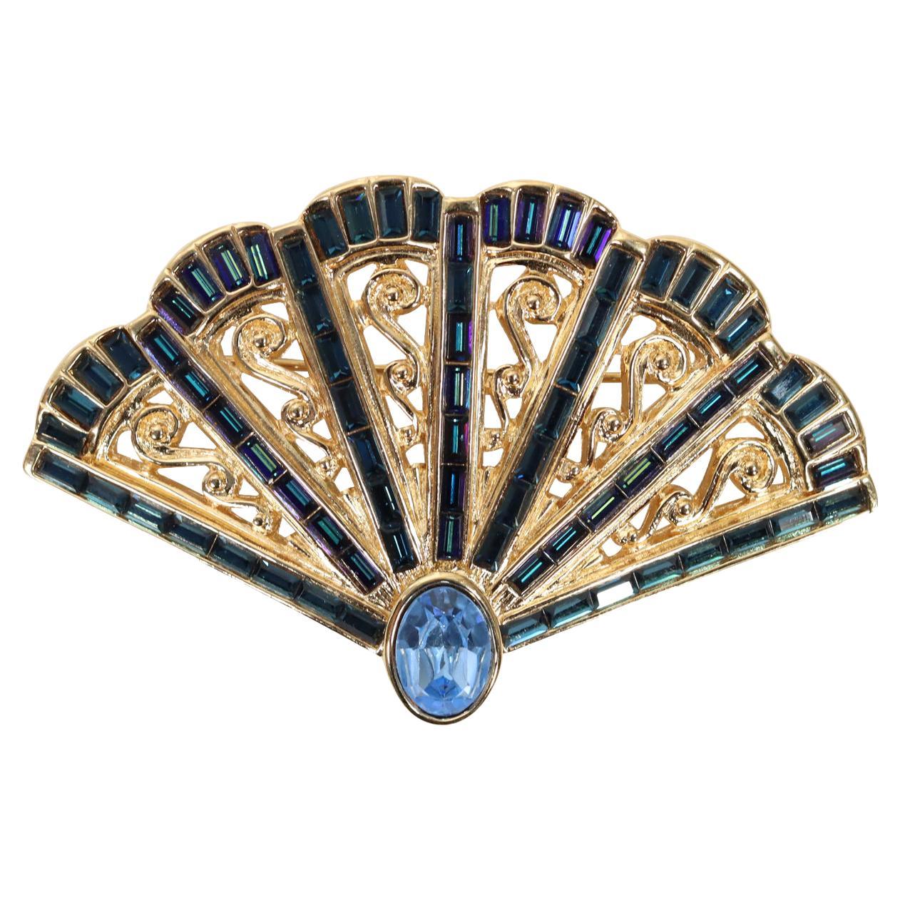 Vintage YSL Gold Tone with Blue Sapphire Crystals Fan Brooch Circa 1990s