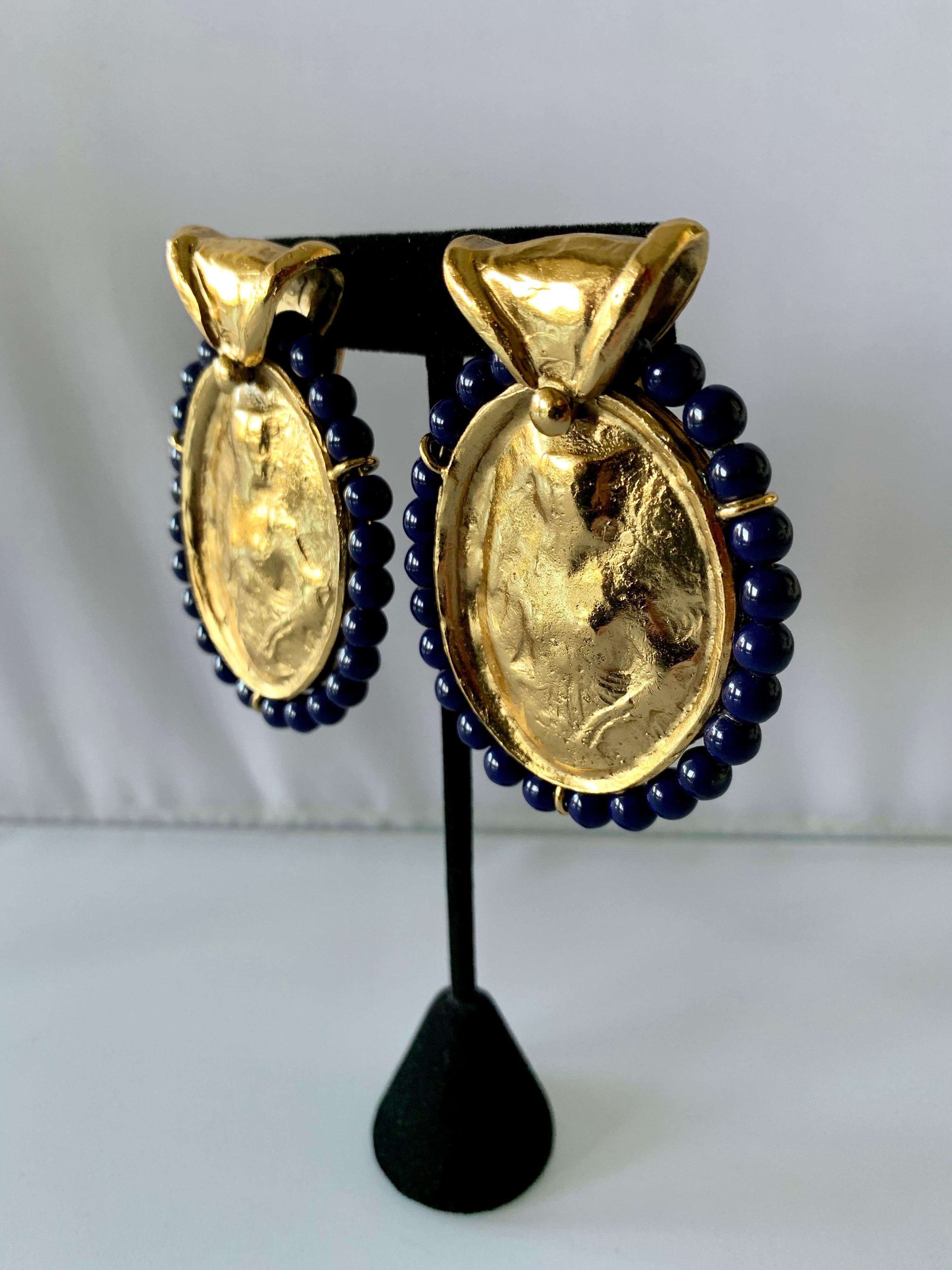 Russian Revival Vintage YSL Hammered Gold Lapis Statement Earrings 