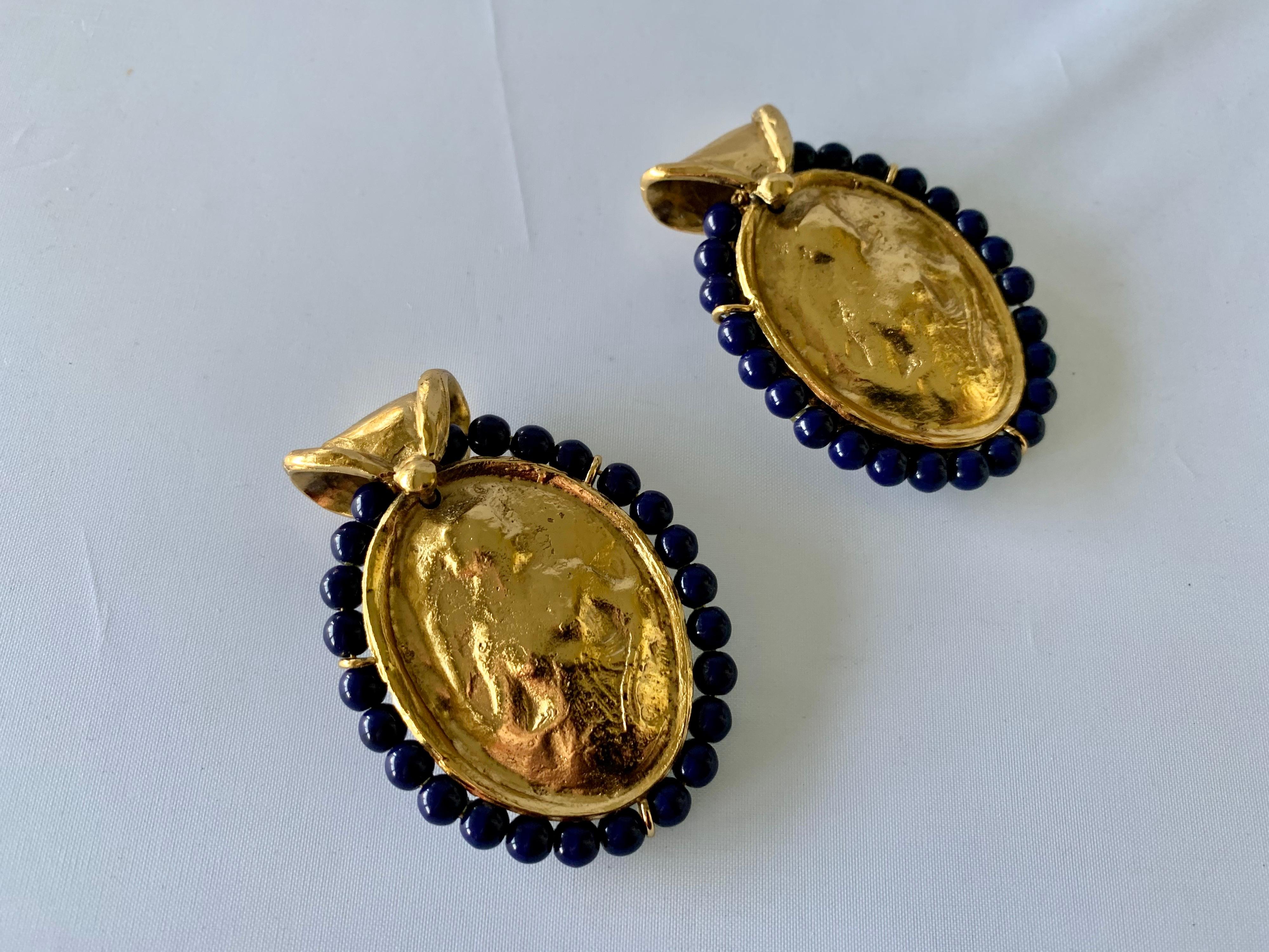 Vintage YSL Hammered Gold Lapis Statement Earrings  In Excellent Condition In Palm Springs, CA