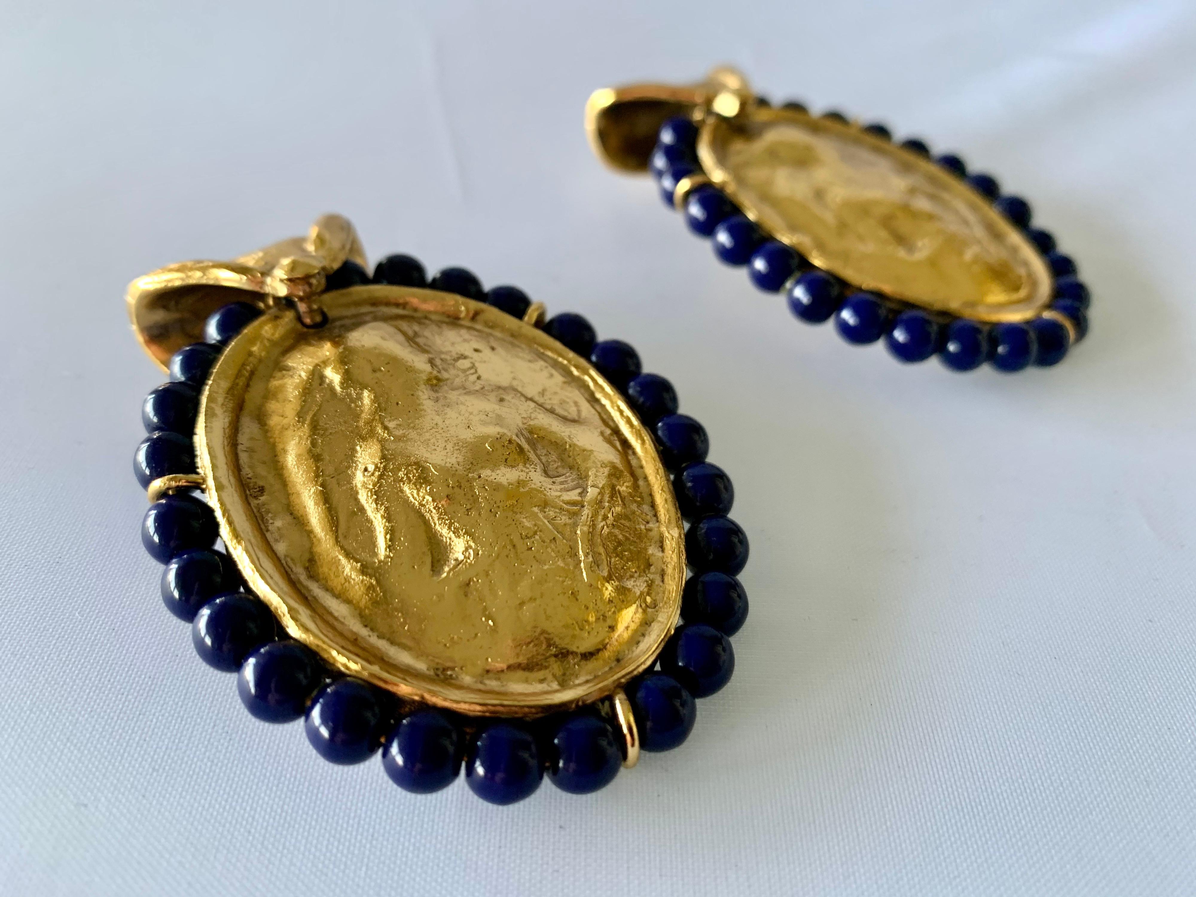 Women's Vintage YSL Hammered Gold Lapis Statement Earrings 