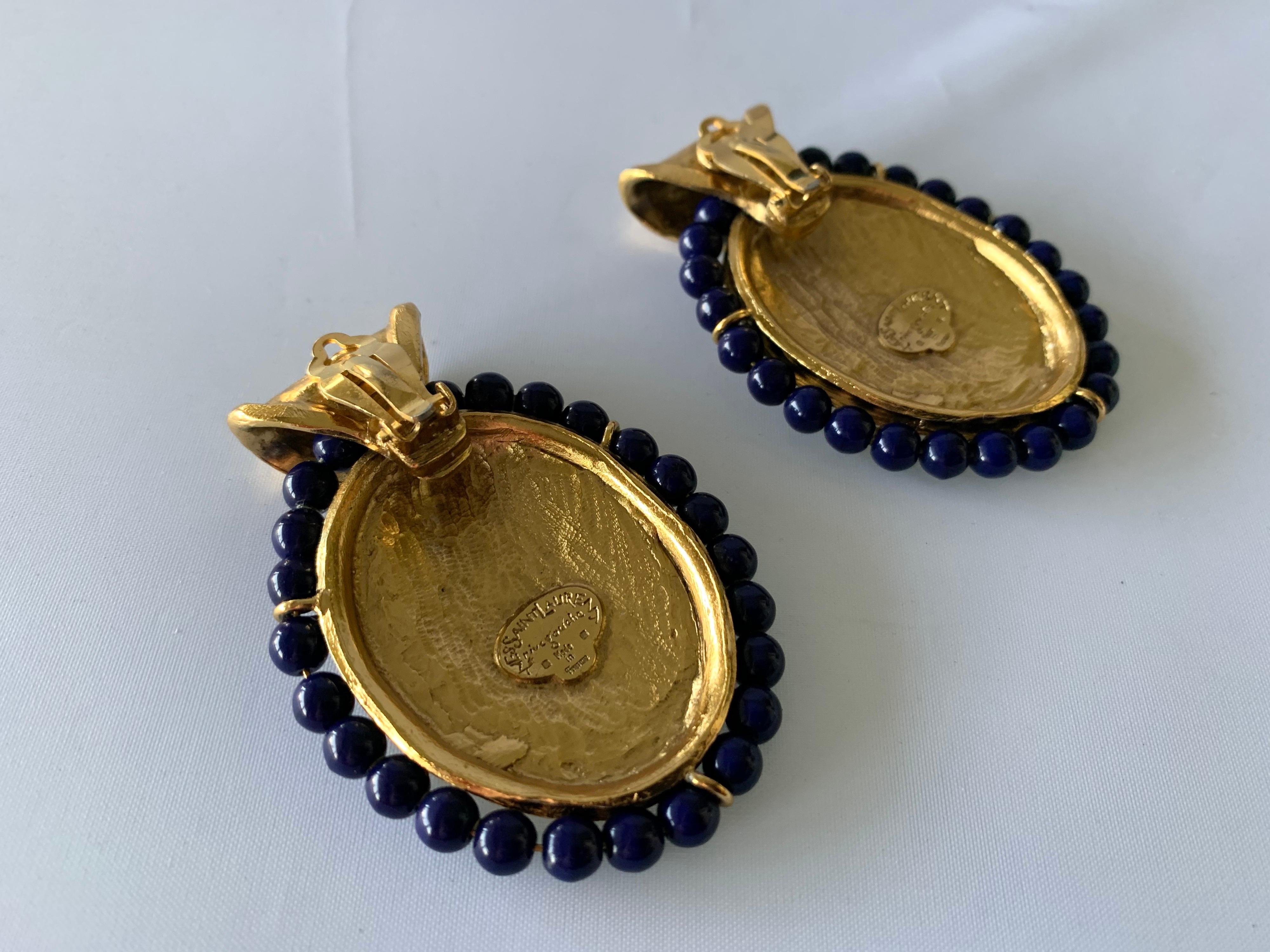 Vintage YSL Hammered Gold Lapis Statement Earrings  2