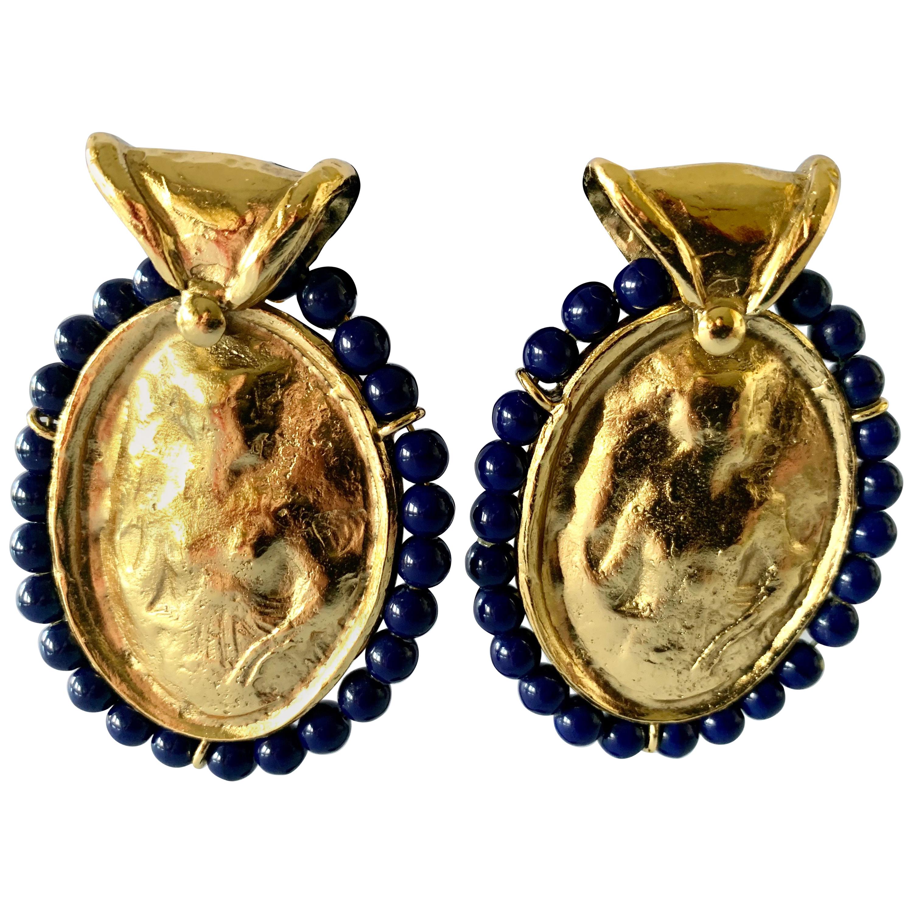 Vintage YSL Hammered Gold Lapis Statement Earrings 