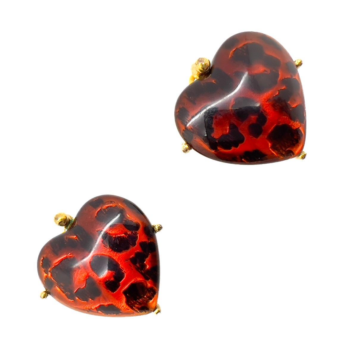 Vintage YSL Heart Leopard Print Earrings 1980s In Good Condition For Sale In Wilmslow, GB