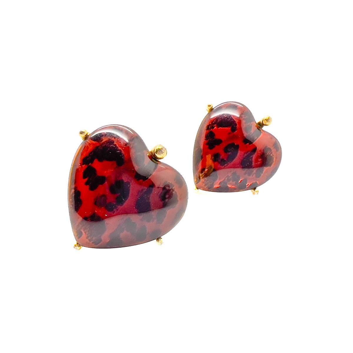 Vintage YSL Heart Leopard Print Earrings 1980s For Sale 1