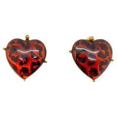 Used YSL Heart Leopard Print Earrings 1980s