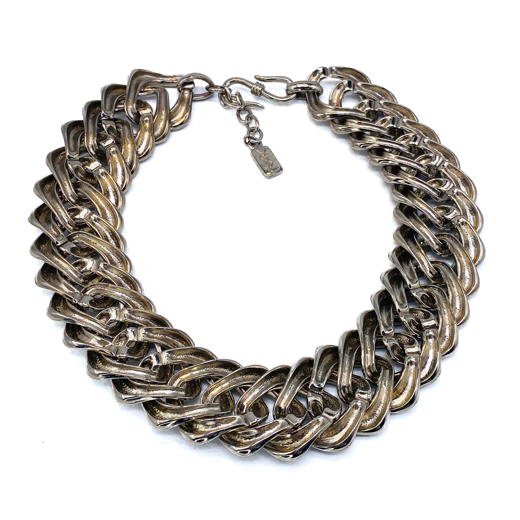 Women's Vintage YSL Silver Plated Collar Chain Necklace 1990s