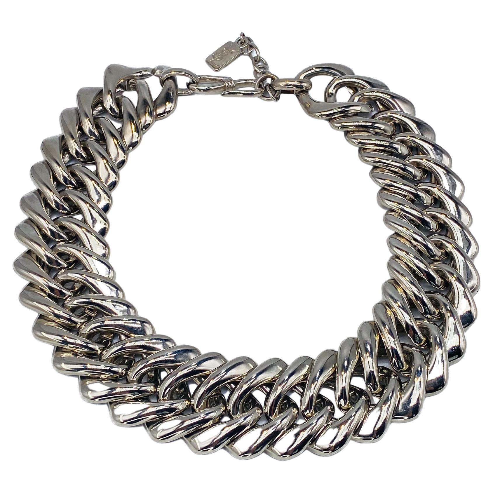 Vintage YSL Silver Plated Collar Chain Necklace 1990s