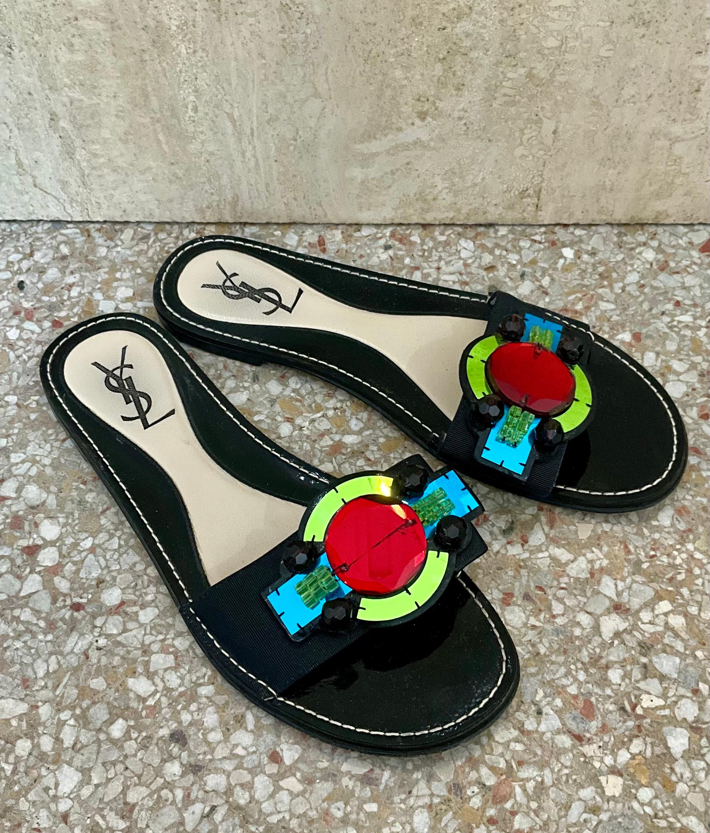 Vintage YSL Paris Black Gem Embellished Sandal In Good Condition For Sale In Lake Worth Beach, FL