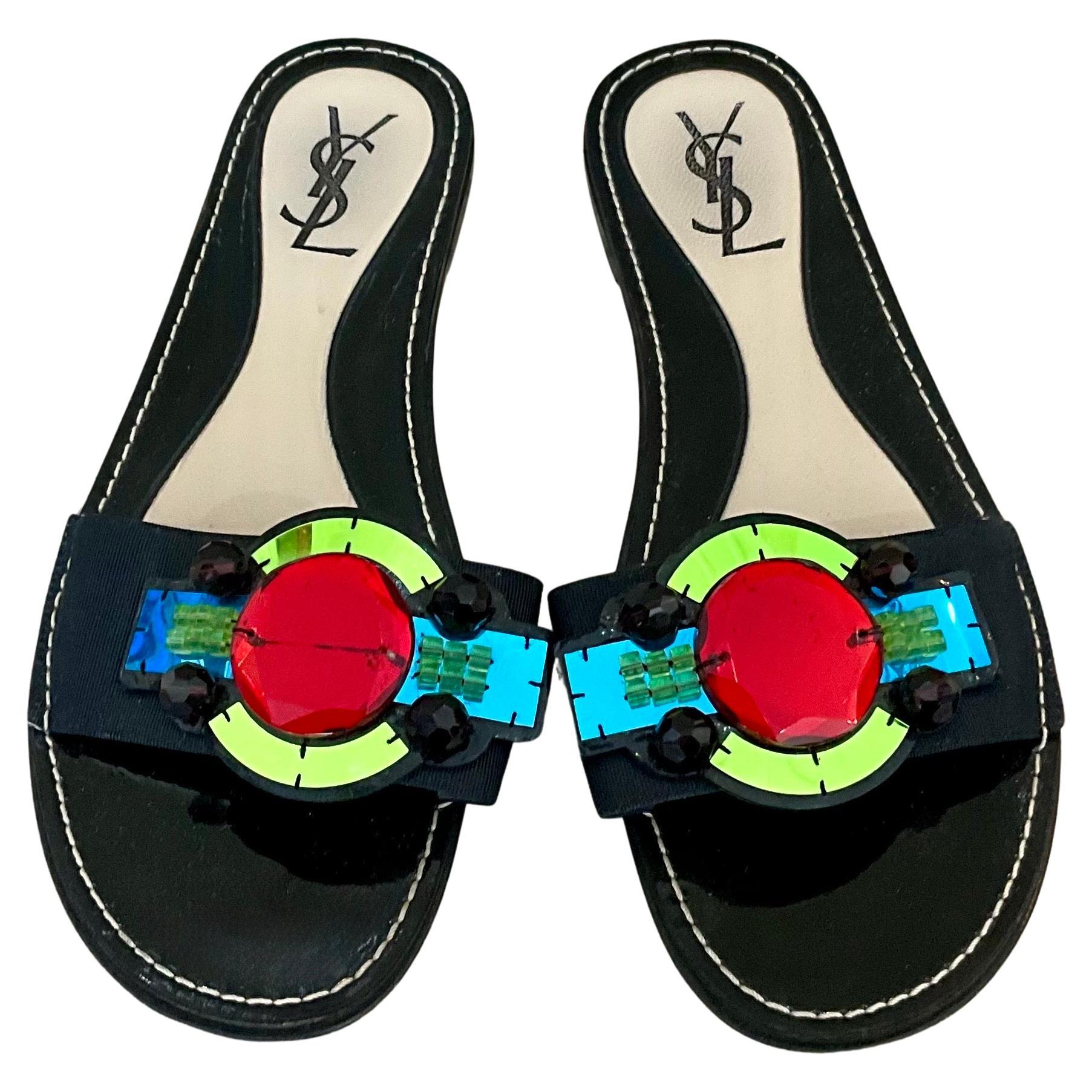 Vintage YSL Paris Black Gem Embellished Sandal For Sale